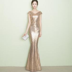 evening dress Banquet Golden sequins fish tail Dress Bridesmaid 