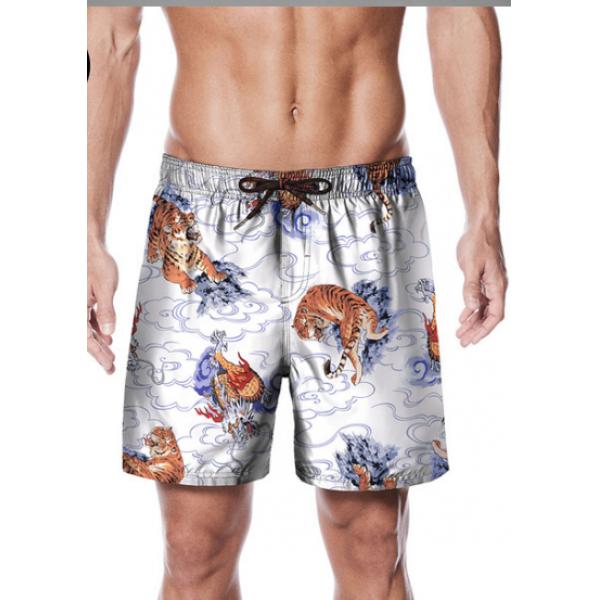 Chinese Elemental Shorts， Summer Loose， Quick and Dry Surfing Pants Creative Dragon and Tiger Figure Printed Beach Pants