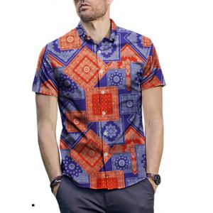Short-sleeved shirt thin Street Youth Red and blue print shirt 
