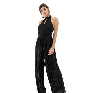 open-backed pleated button-type neck-hanging broad-legged pants