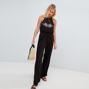 sexy tie neck embroidered loose-legged pants with round collar