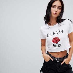 Rose Printed Letter Printed T-shirt Round Neck and Short Sleeve