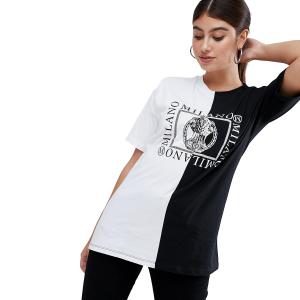 Simple personality classical stitching monochrome print T-shirt 