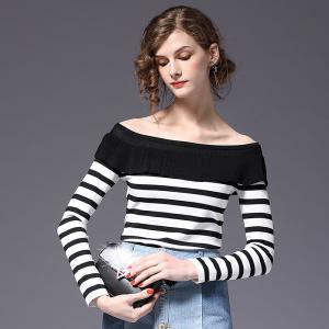 Autumn new black and white stripe shoulder knitted shirt 