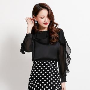 Long-sleeved blouse new round collar and lotus leaf edge autumn 