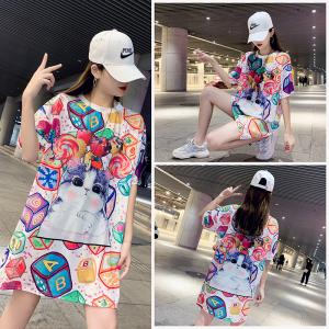 Summer printed T-shirt women’s middle long fashion brand quick drying ice silk