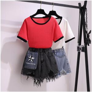Versatile stretch color matching knitted short top washed edge five pointed star pocket high waist denim shorts