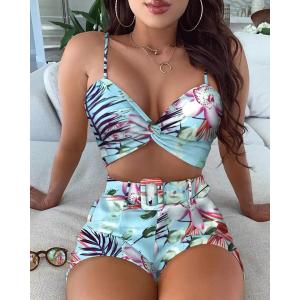 Floral Print Twisted Top Shorts 2 Piece Set Women