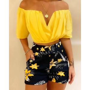 European and American women’s yellow off shoulder short sleeve set printed shorts