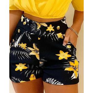 European and American women’s yellow off shoulder short sleeve set printed shorts