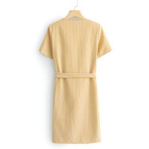V-neck diagonal button lace up stripe Short Sleeve Dress