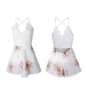 Europe and America’s popular style V-neck open back suspender Floral Printed Jumpsuit