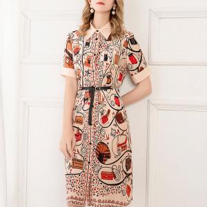 Silk printed dress with Lapel short sleeve and chain belt for slim shirt and skirt
