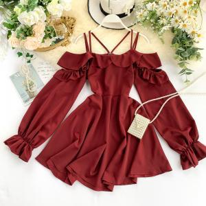 Hollowed out off shoulder Ruffle bubble sleeve suspender dress