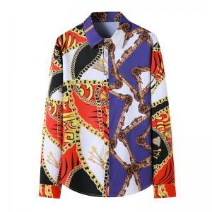 Men's long sleeved shirt men's European and American youth national style printed fit men's shirt