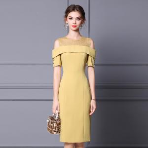 Off shoulder short sleeve Nail Drill dress with slim waist on formal occasions