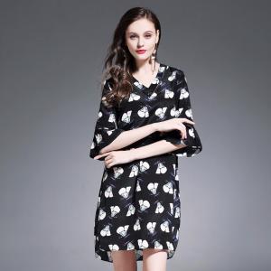 V-neck flare sleeve print slim dress European and American fashion contrast color