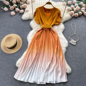 Gradient color shows thin lace up elastic waist stitching loose dress