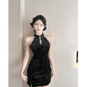 Velvet cheongsam skirt sexy hollow out banquet party slim fitting dress slit dress
